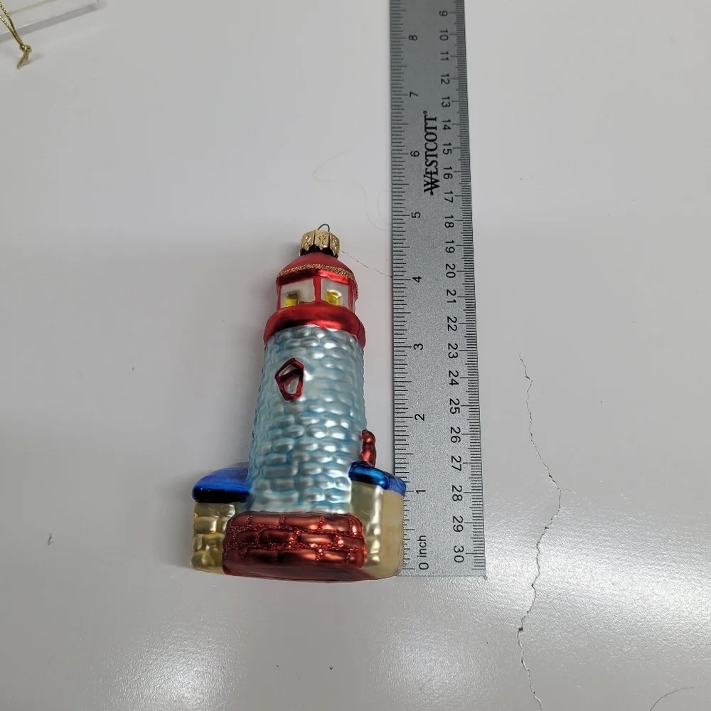 VTG Blown Glass lighthouse‎ Ornament Red Blue Glitter Ocean Coastal Holiday Gift